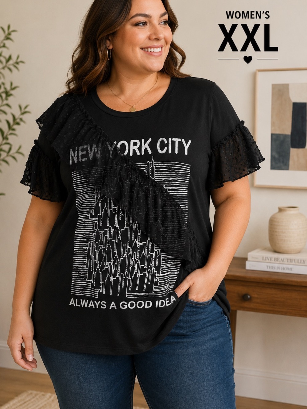 Arizona Jean Company Black New York City Graphic Tee WITH LACE DETAIL XXL